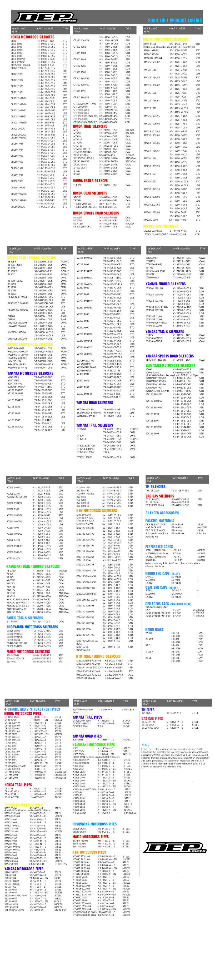 dep pipes full 2004 product listing